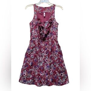 Xhilaration Pink and Purple Floral Mini Dress with ruffle trim front